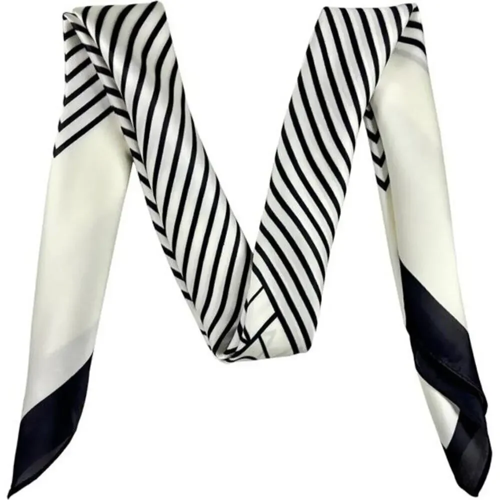 Natural Silk Feel Black and White Scarf Lightweight Square Neck Scarf for Women
